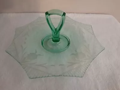 Buy Vintage Green Depression Glass Dessert Candy Serving Dish Plate With Handle • 19.06£