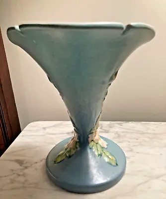 Buy Roseville Pottery White Rose Blue Cornucopia Vase 144-6 Very Good Condition • 50.07£