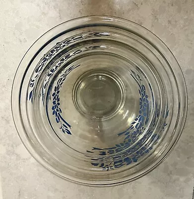 Buy Set Of 3 Vintage Pyrex  Nesting Bowl Blue Floral Ribbon Clear Glass Mixing Bowl • 23.98£