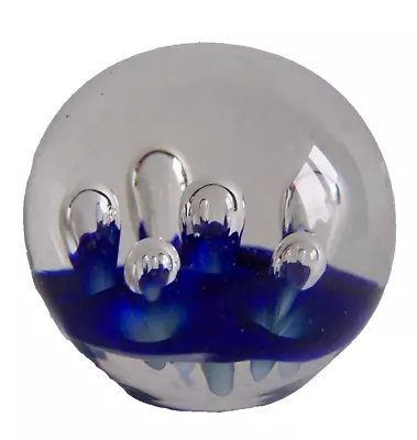 Buy Small Vintage Clear & Blue Glass Paperweight With Bubble Design • 7.50£
