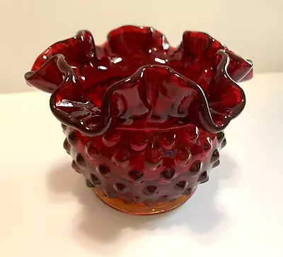 Buy Vintage Fenton Small 3” Cranberry Red Hobnail Ruffled Rim Vase Amberina Base • 17.35£