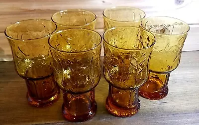 Buy 6 LIBBEY GLASSES COUNTRY GARDEN DAISY AMBER 6” TALL MCM TUMBLERS VTG 70s • 33.56£