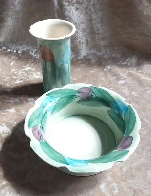 Buy Jersey Pottery Hand Painted Green Trinket Dish & Vase Fluted Edge Tulip Pattern  • 14£