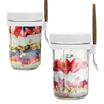 Buy 2 Pack Overnight Oats Container Oatmeal Glass Jar With Lid Spoon Mason Jar White • 8.95£