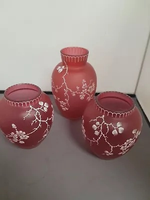 Buy 3 X Cranberry Satin Glass Vases With Applied White Enamel Blossom 16 Cm 2x 12cm • 21£