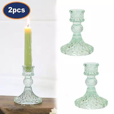 Buy Set Of 2 Green Glass Candle Holder Vintage Taper Candlestick Dinner Table Decor • 9.95£