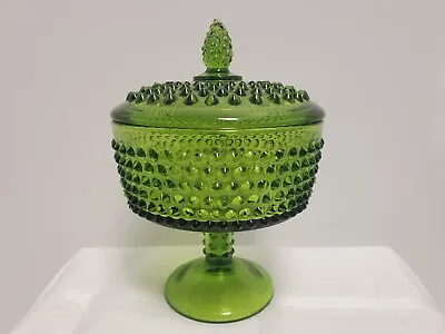 Buy Vintage Green Glass Hobnail Pedestal Covered Candy Dish • 75.46£