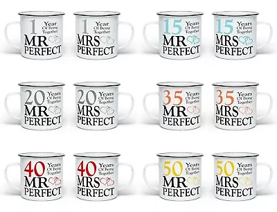 Buy Pair Of Mr & Mrs Perfect Anniversary (1st-70th) Enamel Tin Novelty Gift Mugs • 15.99£