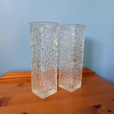 Buy Pair Of 1970s Davidson Luna Textured Bark Clear Glass Vases • 24£