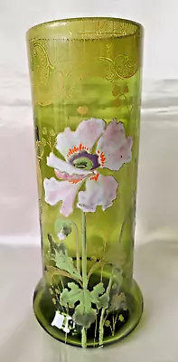 Buy Francois Legras 'Nancy' Art Nouveau Enamelled Poppy Green Glass Vase. C1900 • 125£