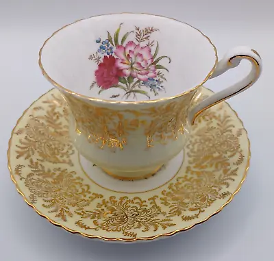 Buy Paragon Fine Bone China Carnation Flower Yellow Gilded Cup & Saucer • 9.99£