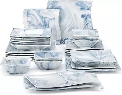 Buy 26pc Marble Blue Dinner Set Square Plates Bowls Serving Platter Crockery For 6 • 139.95£