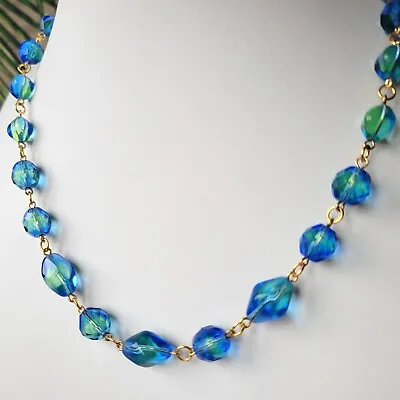 Buy Vaseline Glass Necklace 18'' Uranium Blue Czech Glass Vintage Jewelry Art Deco • 46.01£