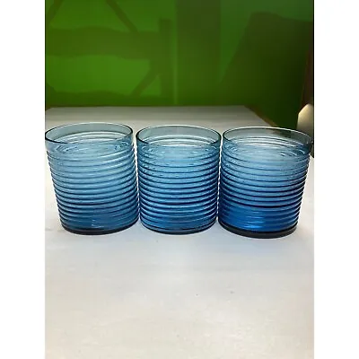 Buy Vintage Cobalt Blue Ribbed Lowball Tumbler Glasses With Oval Bottoms Set Of 3 • 19.81£