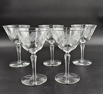Buy Set Of 5 Vintage Libbey Brookdale Champagne Glasses W/ Gray Cut Flowers 1950’s • 24.08£