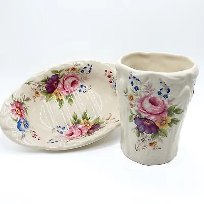Buy Vintage Goonhavern Soap Dish & Tumbler Shabby Floral KERNEWEK POTTERIES Cornwall • 28.39£