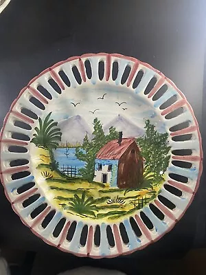Buy Vintage Portuguese Hand Painted Round Pierced Plate - Blue & Pink House Design  • 17.89£