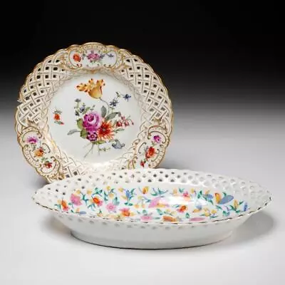 Buy Dresden Meissen Pierced Porcelain Floral Gold Gilt Round Plate Oval Bowl 2pc Lot • 86.44£