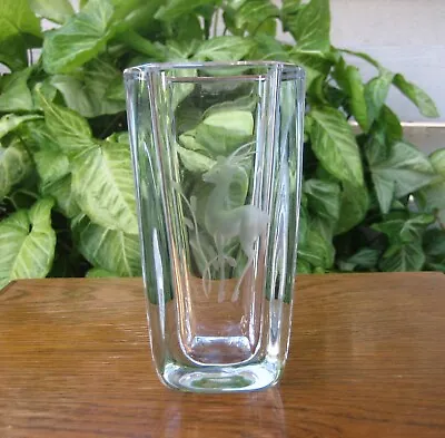Buy Swedish Strombergshyttan Glass Vase W/ Engraved Gazelle Deer Signed Stromberg • 27.06£