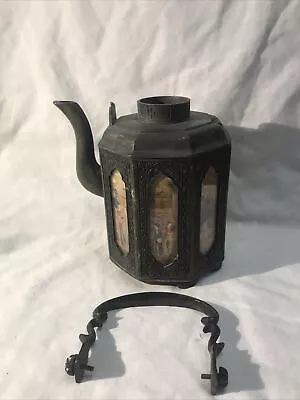 Buy Vintage Chinese Octagonal Metal Teapot With Glass Panel Picture Inserts Damaged • 5£