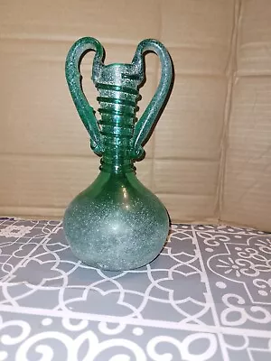 Buy Antique Green Glass Handled Vase Hand Made Crafted Blown Interesting Decorative  • 10£