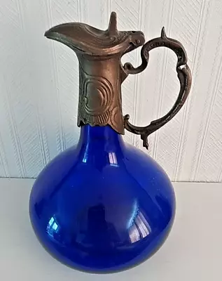 Buy Cobalt Blue Glass Claret Jug Silver Plate Top & Handle Nice Condition See Photos • 38.25£