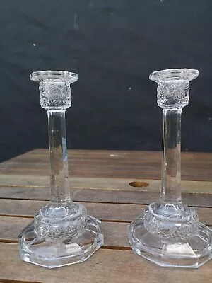 Buy Pair Vintage Tall Glass Candlesticks Column Moulded Petal Top Floral Pattern • 24£