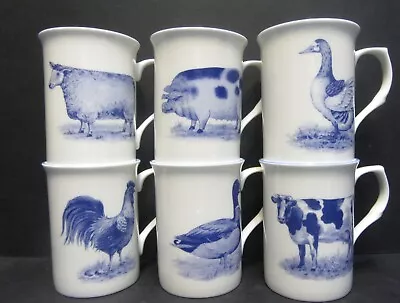 Buy Set Of 6 Mugs Blue Farmyard Animals Cow Hen Duck Sheep Pig Fine Bone China Mugs • 27.99£