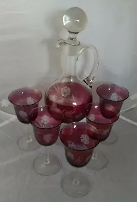 Buy Vintage Engraved Cranberry Glass Decanter And Glasses • 110£
