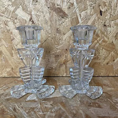 Buy 2 X Vintage Pressed Clear Glass Candlestick Holders 13.5cm • 4.99£