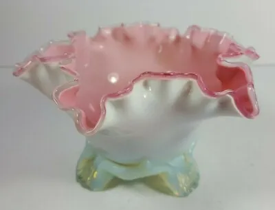 Buy Vintage Pink & White Opaline Vaseline Glass Frilly Edged Bowl • 38.50£