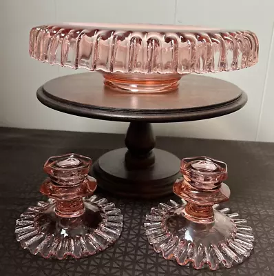 Buy Victorian Pink Depression Glass Crimped Charger Serving Bowl & 2 Candle Holders • 37.76£