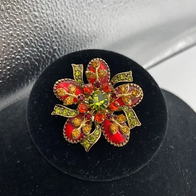Buy Vintage Selini Brooch Cabochon Flower Rhinestone Green Red Amber Goldtone Pin • 83.71£