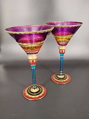 Buy Pier 1 Festive Hand Painted Purple Gold Blue Red Cocktail Glass Set Bohemian 2 • 23.35£