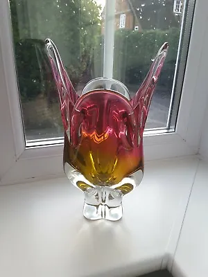 Buy Large Vintage Czech Chribska Ruby & Amber Art Glass Vase Design By J. Hospodka • 72£
