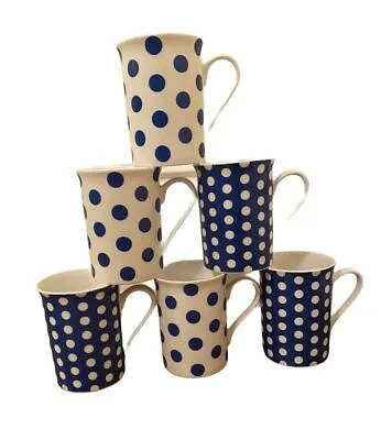 Buy Set Of 6 Fine Bone China Spotty Mugs Polka Dots Blue & White Coffee Tea Mugs • 22.99£