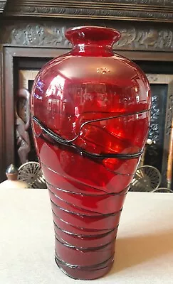 Buy Stunning Decorative  38 Cm Tall Ruby Red Art Glass Vases Black Twirl • 35£