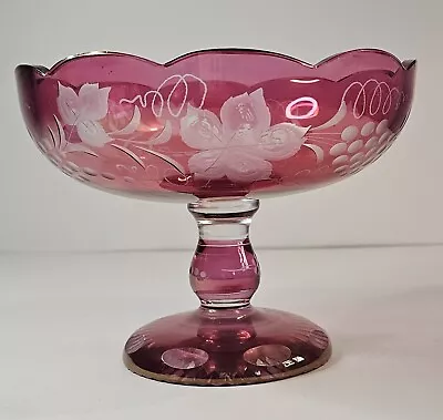 Buy Vintage Bohemian Cranberry Ruby Cut To Clear Glass Grapes Pedestal Fruit Bowl • 76.01£