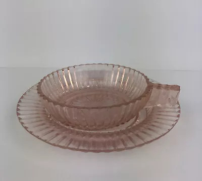 Buy Vintage Blush Pink Depression Glass Bowl And Saucer Ribbed Etched Design Elegant • 9.78£