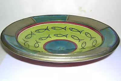 Buy Safi Pottery Attractive Footed Bowl With Fish Design & White Metal Rim Banding. • 70£