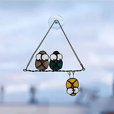 Buy Multicolor Owls On A Wire High Stained Glass Suncatcher Panel, Bird Suncatcher • 10.99£