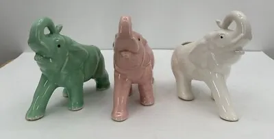 Buy Vtg MCM Set Of 3 Elephant Planters USA Pottery Vase Pink/Green/Ivory Lucky FLAW • 30.69£