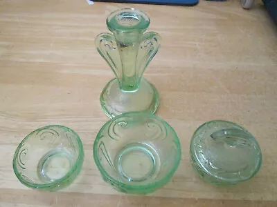 Buy 4 Piece Green Glass Dressing Table Set Candle Stick & 3 Trinket Dishes, 1 + Lid • 9.99£