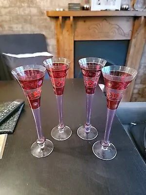 Buy Champagne Flutes Set Of 4 Purple And Red Decorated Glass 26cm Tall Stunning • 9£