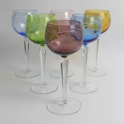Buy A Set Of Six Coloured Engraved Bohemian Hock Glasses • 68£