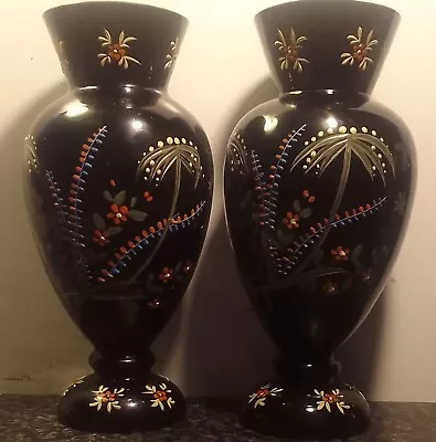 Buy Antique Pair Of French Jet Black Opalene Enamelled Decorative Glass Vases • 14.99£