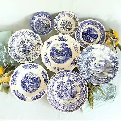 Buy EIGHT Blue And White Transferware Plates. Mix And Match Vintage Plate Set. • 223.78£