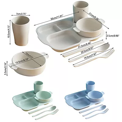Buy 12x Wheat Straw Dinnerware Cutlery Set Plastic Divided Plate Tray Bowl Cup Kids • 21.59£