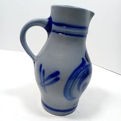 Buy Vintage Salt Glaze Pitcher Jug Vase Gray Stoneware Pottery Floral Blue Painted • 23.96£