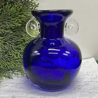 Buy Vintage Dark Cobalt Blue Art Glass Vase Hand Blown Applied Clear Handles~5 1/4” • 28.73£